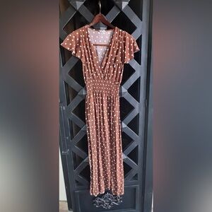 KINDRED brand (Anthropologie) Brown & White Polka Dot Maxi Dress Smocked Waist